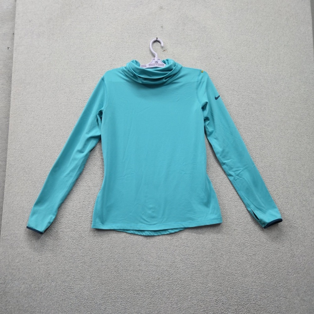 Nike Women Activewear Shirt L Blue Pro Dri Fit Cowl Neck Swoosh Logo Long Sleeve